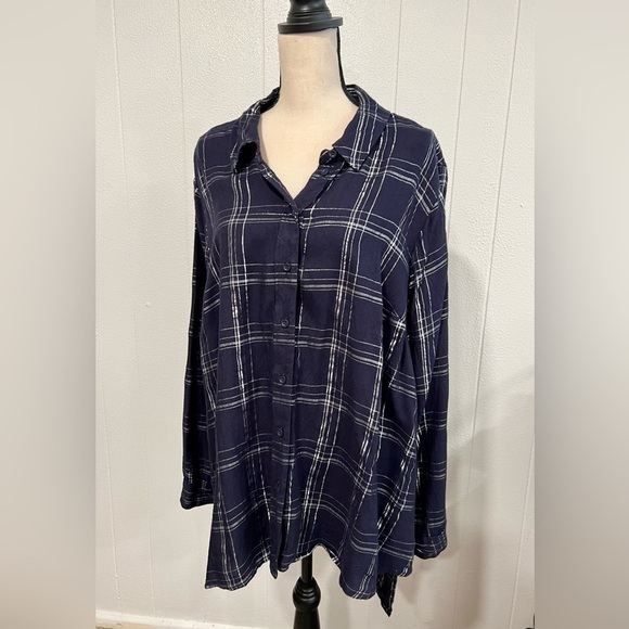 Lane Bryant blue flannel plaid metallic button down shirt. - Picture 1 of 12